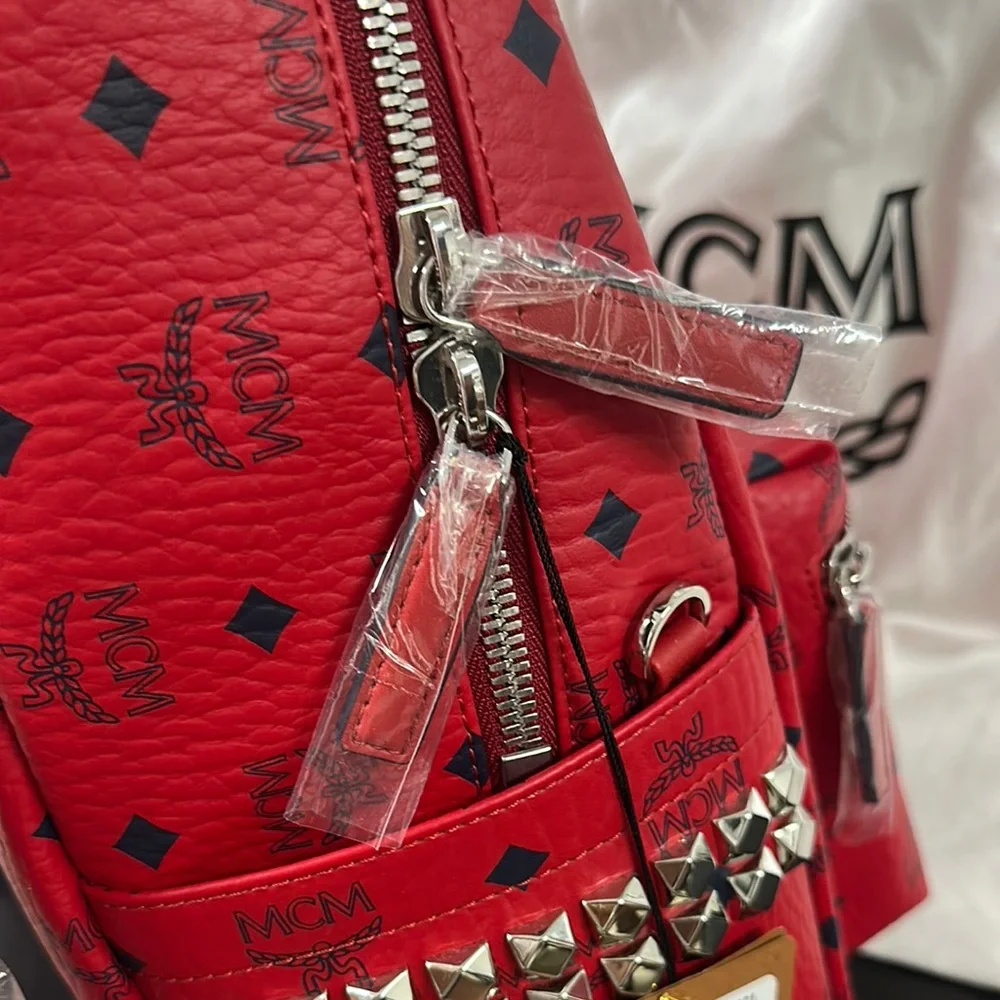 MCM Stark Side Studded Red Visatos Monogram Backpack with Leather Trim - Picture 5 of 16